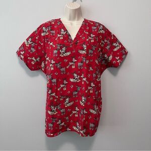 Comfy Cottons Red Christmas Holiday Scrub Top Size L